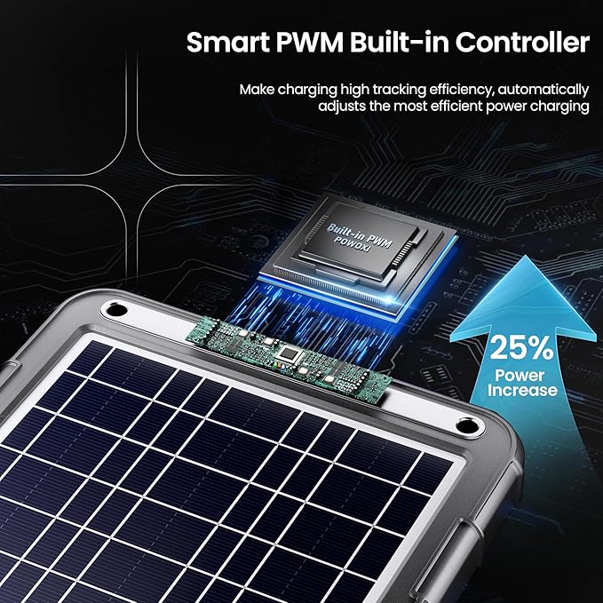 POWOXI 12V Solar Car Battery Charger: 12W Solar Panel Kit Battery Trickle Charger Maintainer with Smart PWM Controller for Car - RV Boat Marine Motorcycle - for Trailer Truck Snowmobile Tractor