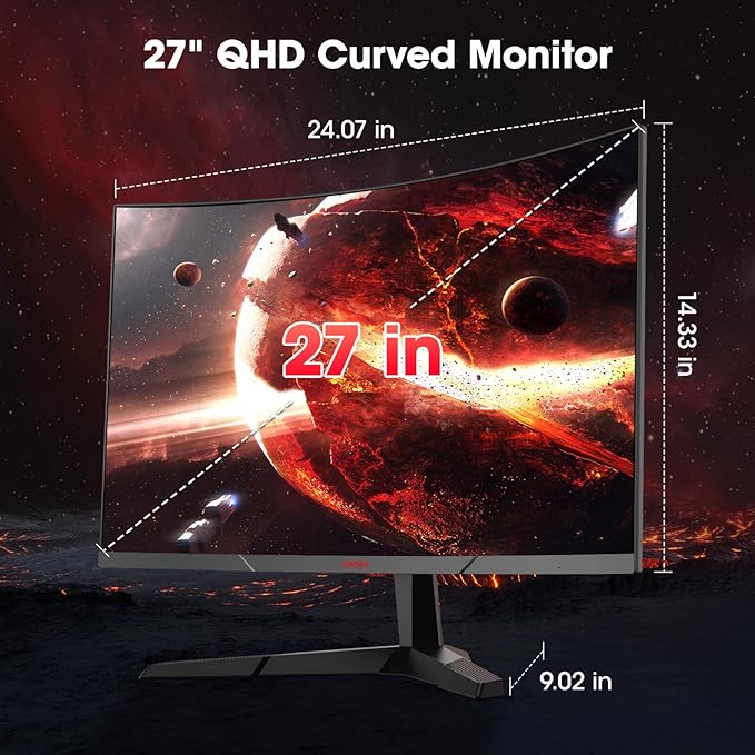 KOORUI 27 inch Curved Gaming Monitor, QHD (2560 x 1440) 180Hz R1500, Adaptive Sync with 1ms Computer Monitor, VESA Compatible, HDMI 2.0x2 & DisplayPort 1.4x1, Eye Care, 27E6QCA