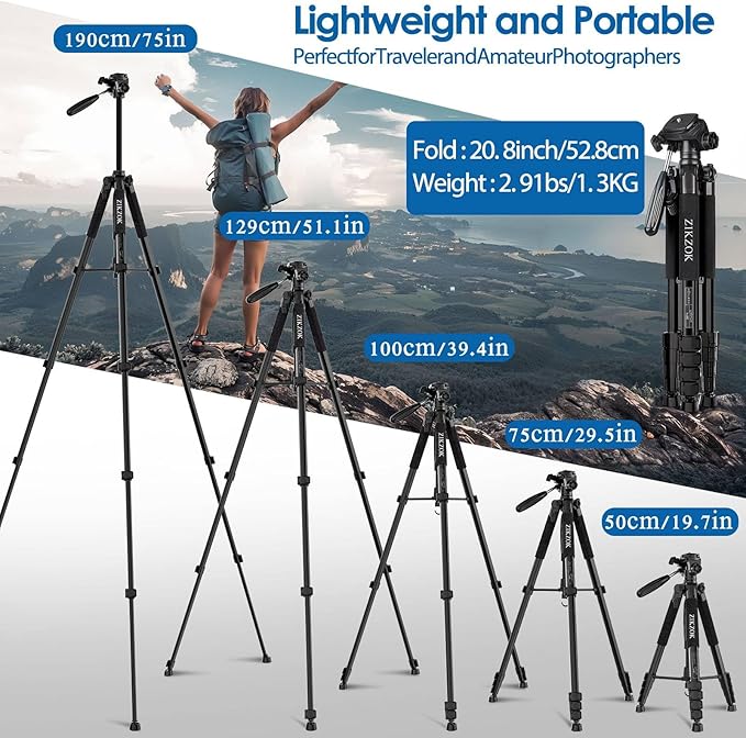 75" Camera Tripod, Aluminum Heavy Duty Camera Stand for ipad Phone, Travel Tripod with/Carry Bag/Phone Tablet Holder, Compatible with Canon Nikon Sony DSLR, Spotting Scopes, Max Load 15 Lb(Black)