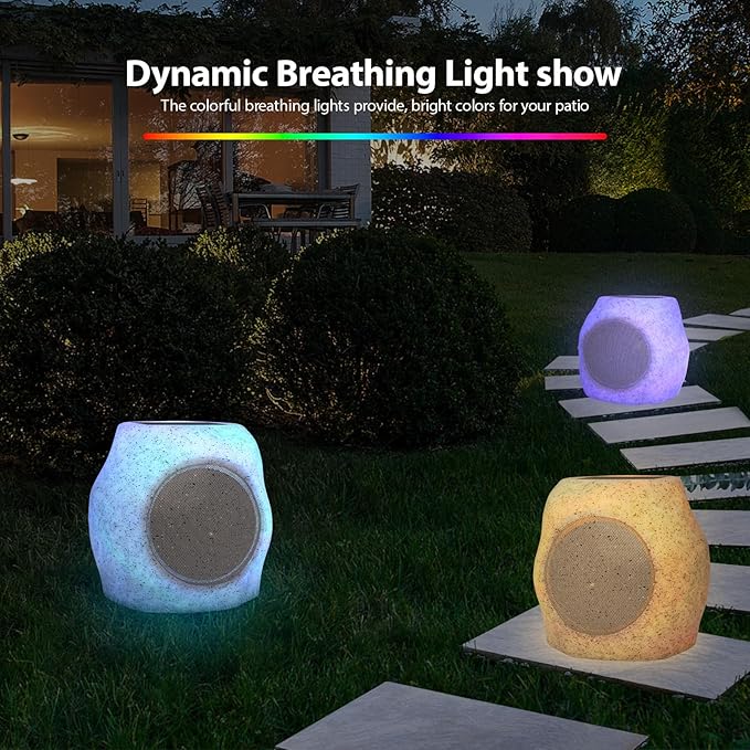 Outdoor Solar Rock Bluetooth Speakers with Colorful Lights, Deep Bass IPX4 Waterproof Speaker, Solar-Powered, TWS Paring, Perfect for Pool Garden and Outdoor Activities - Marble 2 Pack