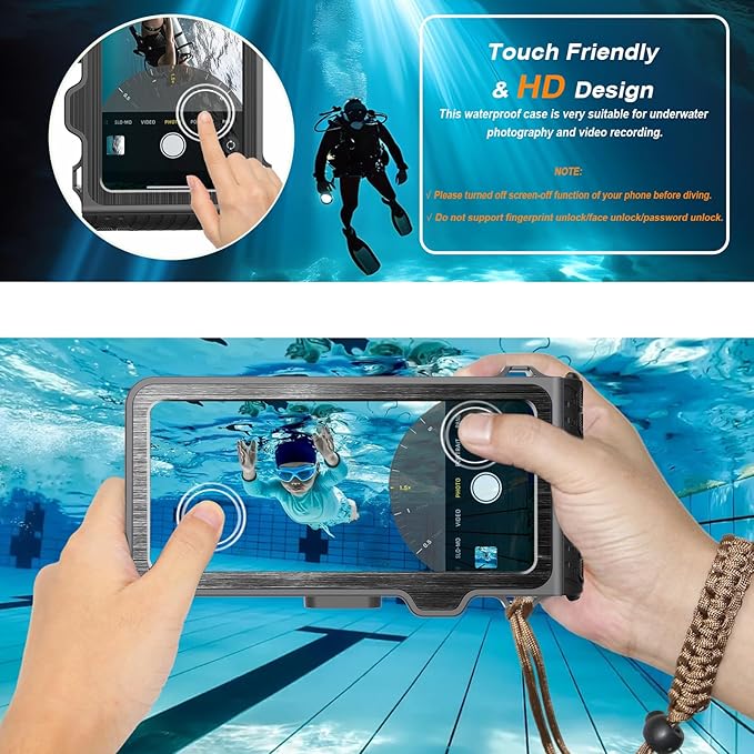 2025 Upgrade Waterproof Phone Case, Diving Snorkeling Swimming Scuba Underwater Touch Screen Photo Video Housing Cover for 17/16/15/14/13/12/11 Pro Max/XS/X Samsung Galaxy S25/S24/S23/S22 (Black Gray)
