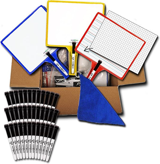 (36) KleenSlate 2-Sided Customizable Whiteboard w/Clear Dry Erase Sleeve for Interchangeable Templates and Graphic Organizers-Bonus 36 Microfiber Cloths w/Bookbinder Rings and 36 Markers