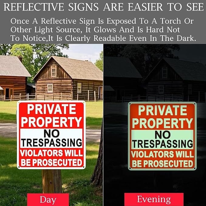 4 Pack Large No Trespassing Signs Private Property, 9.5 Inch x 9.5 Inch Private Property Metal Sign, Rust Resistant Aluminum, With Reflective Material, Durable, Weather Resistant, Easy To Install