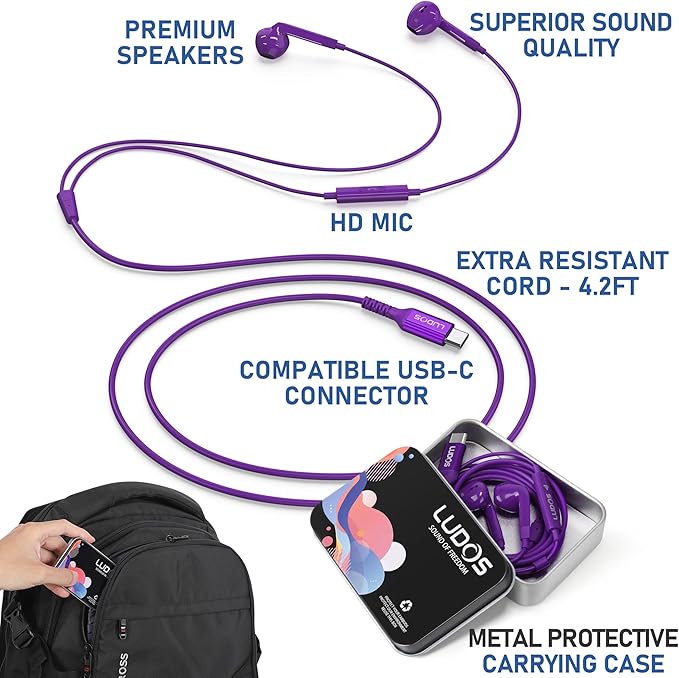 LUDOS FEROX USB C Headphones for iPhone 16 15 Pro Max Plus iPad Pro, 5 Years Warranty, USB-C Earbuds for Samsung Galaxy S24 S23 Ultra S22 S21 S20 A55 A54 A53, USB Type C Earphones - Purple
