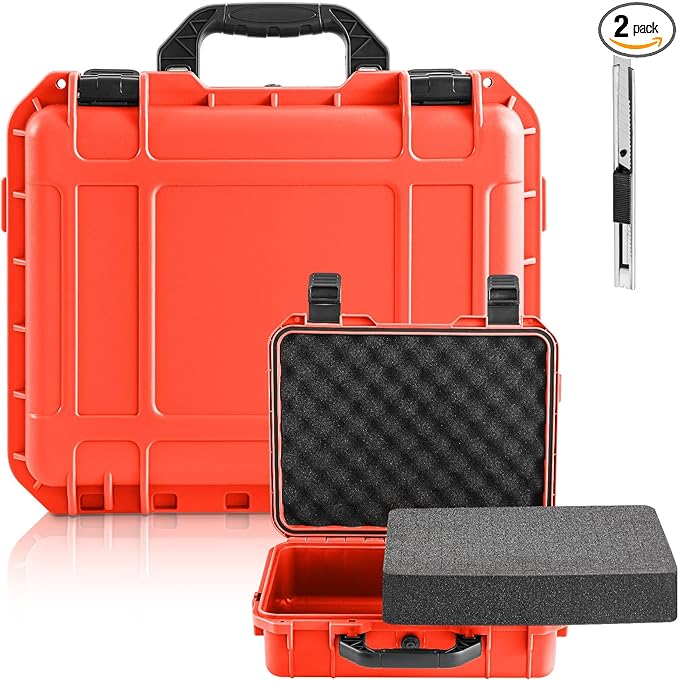 8.5 x 6.5 x 3.7 Inch Waterproof Hard Case with DIY Customizable Foam Insert Portable Protective Case with Knife for Camera Drones Equipments Tools Test Instruments (Reddish Orange)