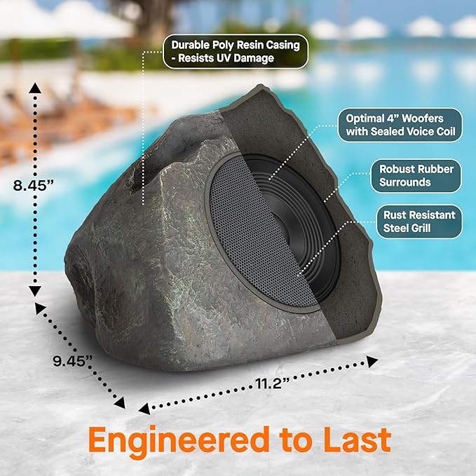 Homewell Outdoor Rock Speaker Solar-Powered Wireless Bluetooth 5.0 Portable Speaker Weatherproof for Patio, Pool, Deck, Yard, Garden and Home (Dark Grey, 2-Pack)