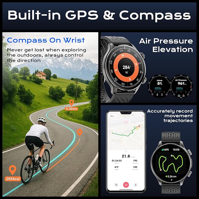 GPS Smart Watches for Men (Answer/Make Call), 1.60" AMOLED Display Smartwatch, 170+ Sports Modes Fitness Tracker Watch with Compass Pedometer, 5ATM Waterproof Mens Smart Watch for Android iPhone