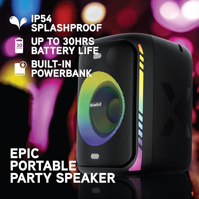 BlueAnt X5i | Portable Bluetooth Party Speaker | Black | 120W Peak Power | Includes (2) Wireless Microphones | (Up to) 30-Hr Playtime