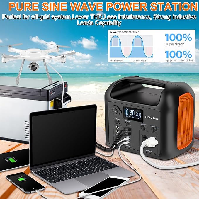 Portable Power Station with 55W Solar Panel, 299Wh LiFePO4 Backup Battery 300W Pure Sine Wave AC (600W Peak) Car Outlets PD 60W QC3.0 Solar Generator Power Bank for Camping, Emergency, CPAP