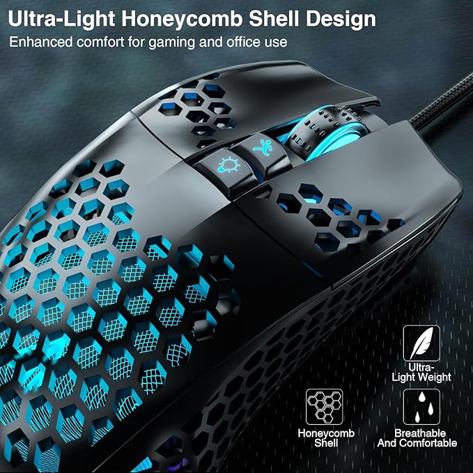 RGB Wired Gaming Mouse with Honeycomb Shell,Adjustable 12800 DPI,7 Programmable Buttons,Lightweight Gaming Mice Ergonomic Computer Mouse Gaming for Windows/PC/Mac/Laptop Gamer
