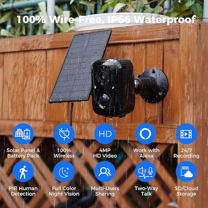 Hiseeu Security Cameras Wireless Outdoor, 3pcs Solar Powered 3K 4MP Surveillance WiFi Cameras for Home Security Outside, PIR/AI Motion Detection, Waterproof, Color Night Vision, 2-Way Audio, Black