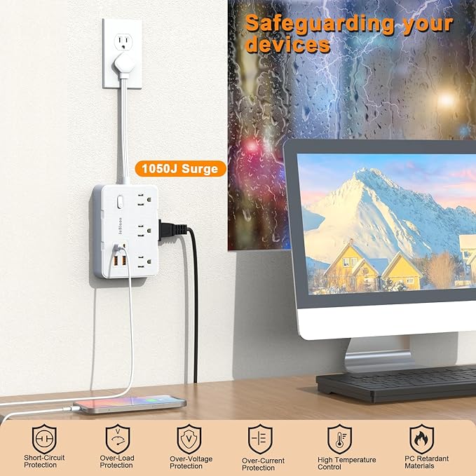 Surge Protector Power Strip, Flat Plug Extension Cord 0.65 FT with 6 Outlets 4 USB Charger (2 USB C), 1050J Protection Multiple Outlets Charging Station for Home, Office, College Dorm Room