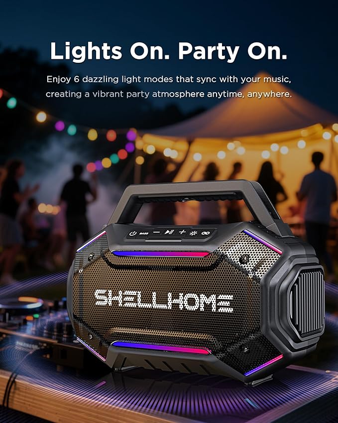 Bluetooth Outdoor Speakers, 80W(Peak) Loud Wireless Speaker, 30H Playtime, RGB Lights, BassUp 2.0, IPX6 Waterproof, TWS, Bluetooth 6.0, Portable Boombox for Party, Pool, Beach, Black