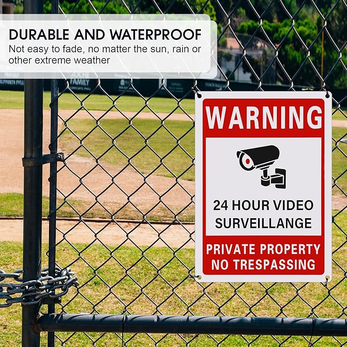 4 Pieces Smile You're on Camera Sign and Private Property No Trespassing Video Surveillance UV Printed 40 Mil Rust Aluminum Security Camera Sign for Home Business (Novel Style)