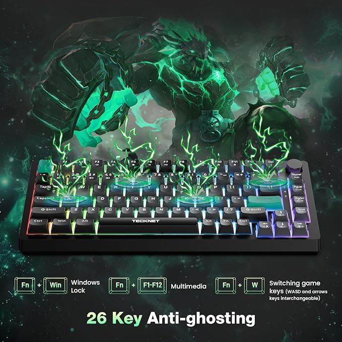 TECKNET Gaming Keyboard, 75% Wired Keyboard, RGB Backlit, 82-Keys with Volume Knob Control, 26 Keys Anti-ghosting, Whisper Quiet Gaming Switch Travel Friendly for Windows Laptop PC Mac-Grey