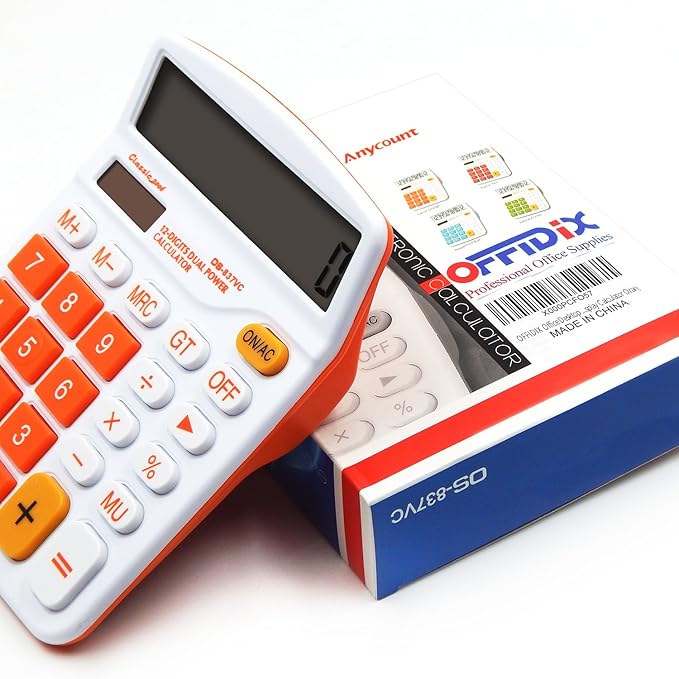 OFFIDIX Office Desk Calculator 12 Digit Large LCD Display Office Desktop Dual Power Calculator,Orange