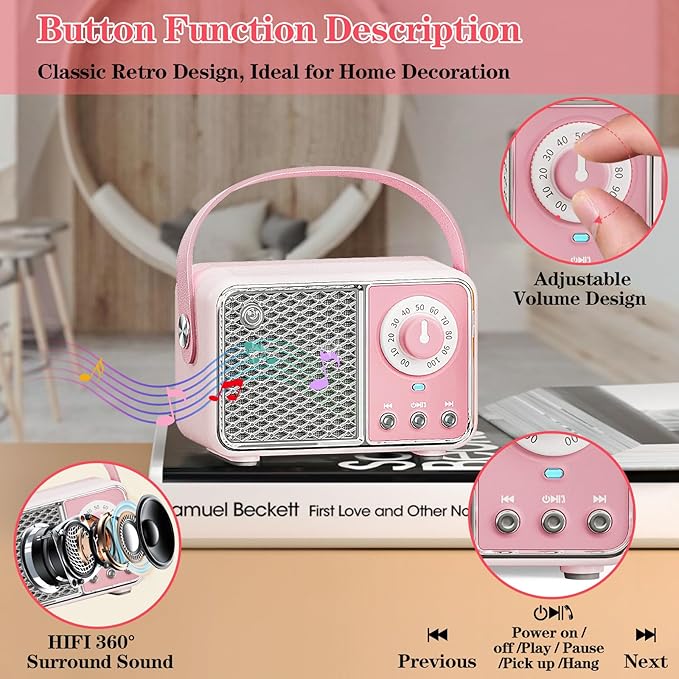 Retro Bluetooth Speaker, Vintage Decor, Wireless Portable Mini Bluetooth Speaker, Small Cute Stylish Vintage Speakers for Kitchen Desk Bedroom Home Office Party Outdoor Gift Pink