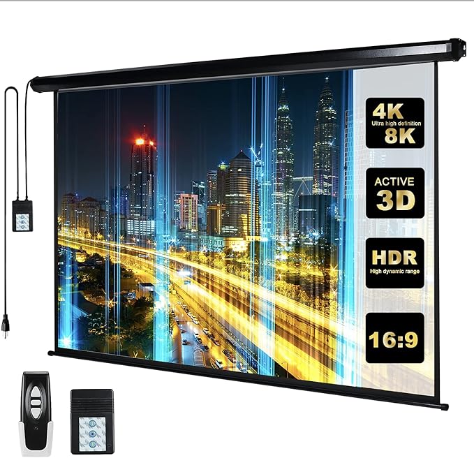 Kayle 110" Motorized Projector Screen Electric Diagonal Automatic Projection HD Movies Screen for Home Theater Presentation Education Outdoor Indoor W/Remote Control and Wall/Ceiling Mount (Black)
