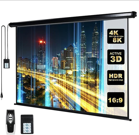 Kayle 110" Motorized Projector Screen Electric Diagonal Automatic Projection HD Movies Screen for Home Theater Presentation Education Outdoor Indoor W/Remote Control and Wall/Ceiling Mount (Black)