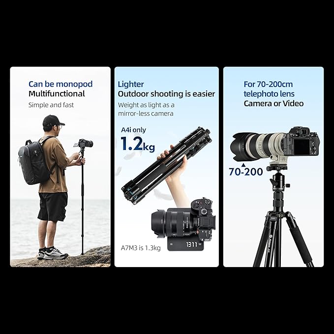 Fotopro 73'' Camera Tripod, Foldable Aluminum Tripod/Monopod, Detachable Fluid Head with Quick Release Plate, Lightweight Tripod for Camera, Phone, A4I A5I Video (Blue, 80 Inch)