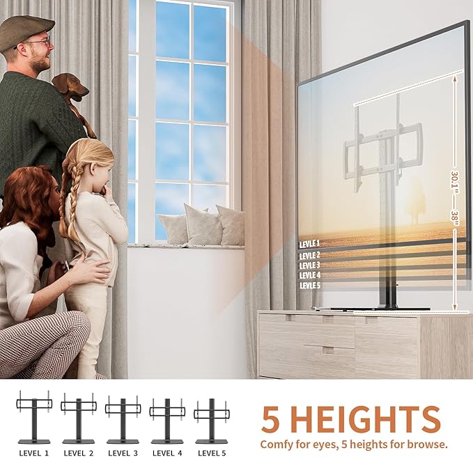 Universal Swivel TV Stand/Base Table Top Stand 40 to 86 inch TVs 110 Degree Swivel, 5 Level Height Adjustable, Heavy Duty Tempered Glass Base, Holds up 132lbs Screens, HT04B-003