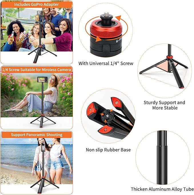 UURig Extendable Selfie Stick Tripod for GoPro Max Hero 10 9 8 7 6 5 4, DJI Osmo Action, Insta 360 One R and More Action Camera（50.7''）