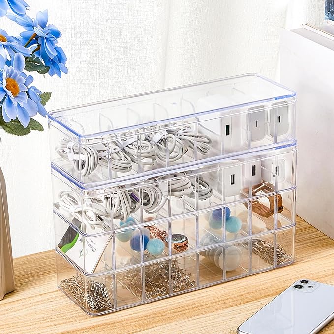 Tatuo 4 Pcs Cable Organizer Box with Wire Ties, Plastic Cord Storage Box with Lid, Electronics Organizer for Home Office Desk Organizers and Accessories (10.79'' X 3.78'' X 1.97'',Clear)