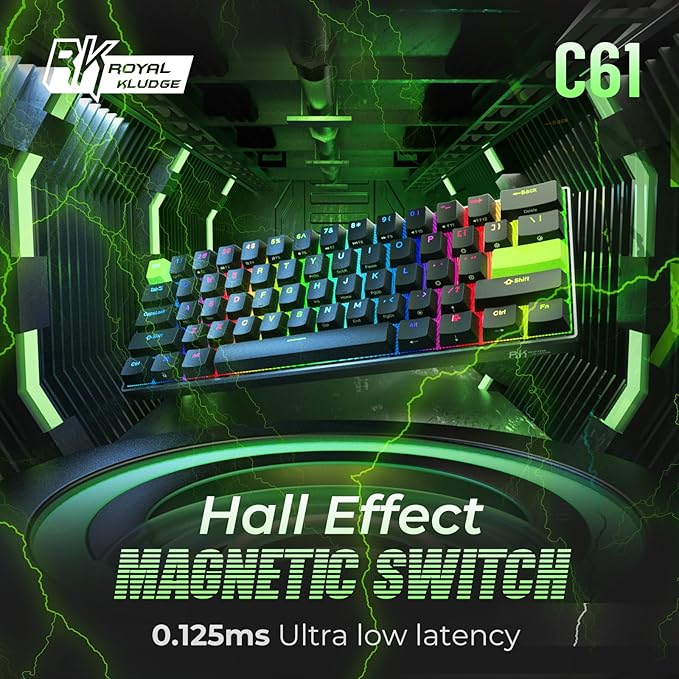 RK ROYAL KLUDGE C61 HE Gaming Keyboard 60% Wired Mechanical Keyboard with Hall Effect Magnetic Switch 8000Hz Polling Rate Rapid Trigger RGB Backlit, 61 Keys, Black Green