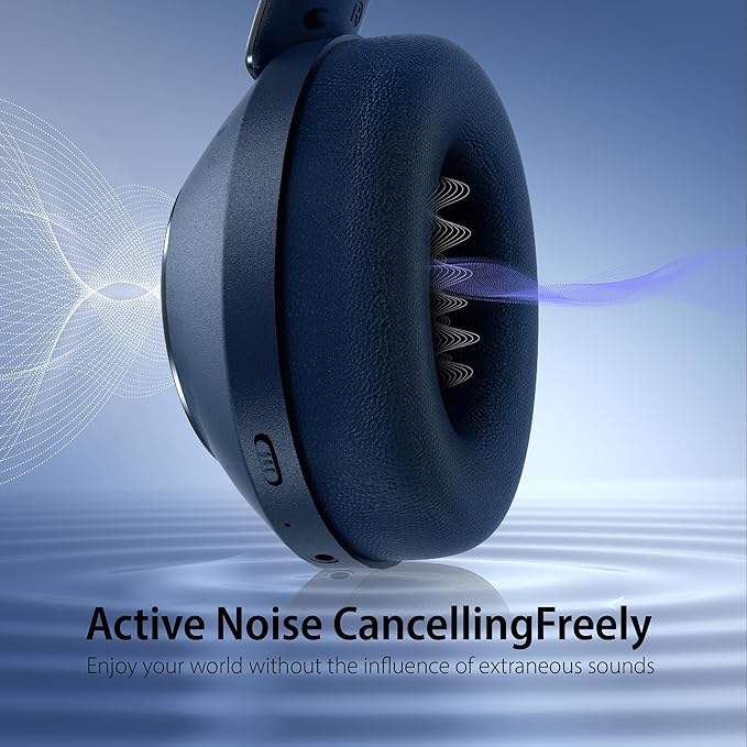Active Noise Cancelling Headphones, 100H Playtime Headphones Wireless Bluetooth, Bluetooth Headphone with Microphone, Over- Ear Wireless Headphone with Deep Bass for Travel (Blue)