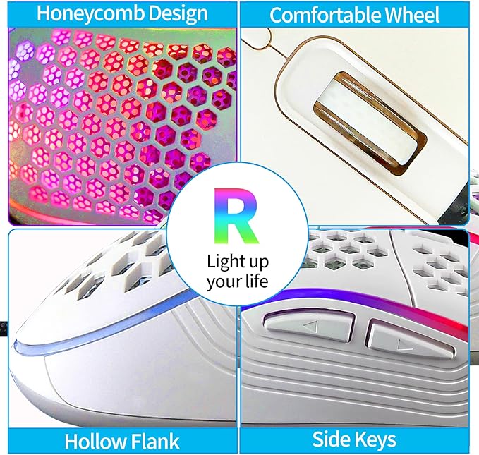 Honeycomb Wired Gaming Mouse with RGB On/Off Switch, 7200 Adjustable DPI, Ergonomic Lightweight Design & High Precision Sensor for PC/Mac Gamers (White)