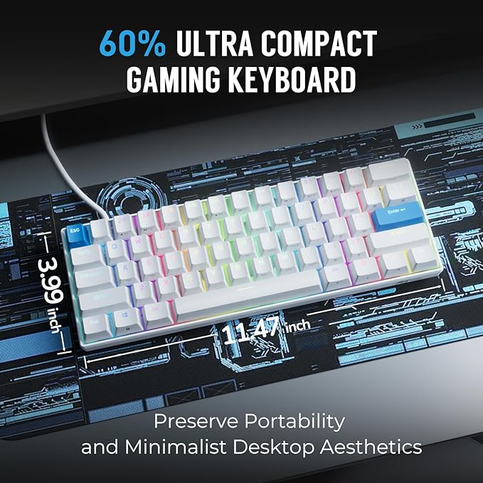 RK ROYAL KLUDGE C61 HE Gaming Keyboard 60% Wired Mechanical Keyboard with Hall Effect Magnetic Switch 8000Hz Polling Rate Rapid Trigger RGB Backlit, 61 Keys, White Blue