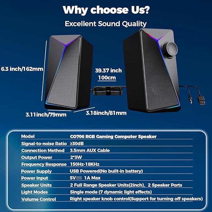 ROSON Computer Speakers, Gaming PC Speakers with Enhanced Bass and Volume Control, Stereo 2.0 USB Powered 3.5mm Aux Multimedia Speakers for Laptop/Desktop/Tablets/Phone