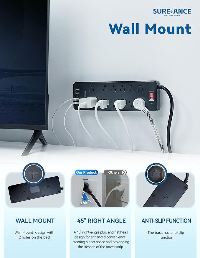 Surge Protector Power Strip - SUREANCE 12 Outlets Surge Protector Outlet Extender with 5 USB Ports, 6FT Flat Plug Extension Cord, 2100J, Mountable, Flat Plug, Heavy Duty, Widely-Spaced, ETL Listed