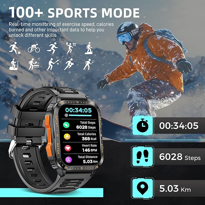 Military Smart Watches for Men (Make/Answer Call) with LED Flashlight 1.96" Screen 430mAh Fitness Tracker with Sport Modes Heart Rate Sleep Monitor Rugged Smartwatch for iPhone Android