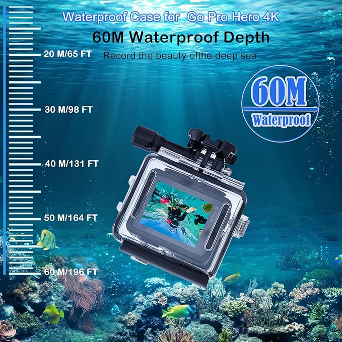 196FT/60M Waterproof Case for Go Pro Hero 4K, Underwater Diving Protective Housing Shell for Go Pro Hero 4K Compact Action Camera with Mount Hero 4K Accessories Kit