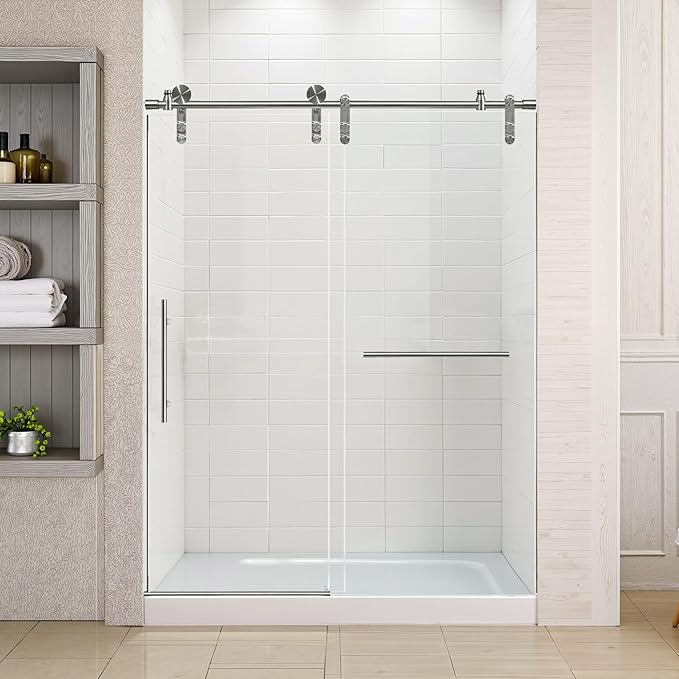 56-60" W x 76" H Frameless Shower Door Bathroom Sliding Shower Door 5/16"(8mm) Thick Tempered Glass Shower Door with Double Stainless Steel Handles for Walk-in Shower, Brushed Silver