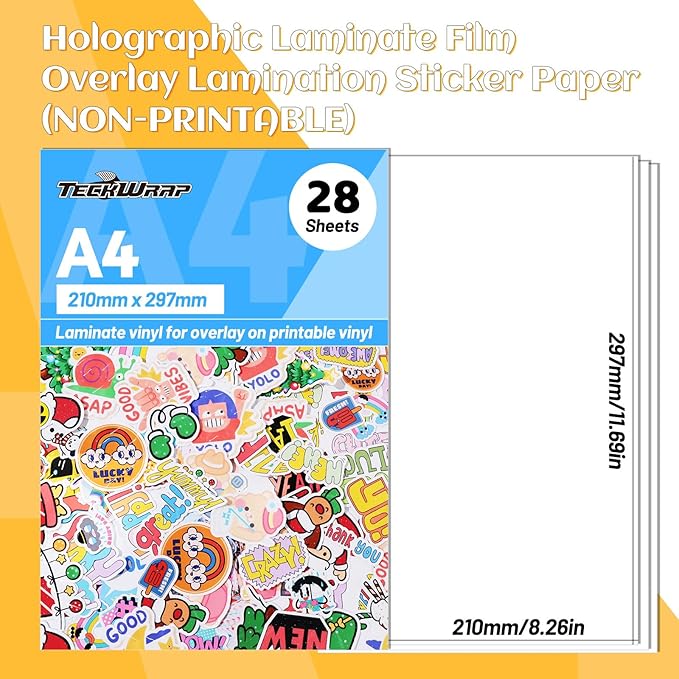 TECKWRAP Matte Laminating Sheets clear laminate sheets Sticker Paper for Inkjet Printer Clear Laminate Sheets for Printable Vinyl Sticker Paper, Photo Paper, Labels 8.26" x 11.69" A4 28 Sheets, Matte