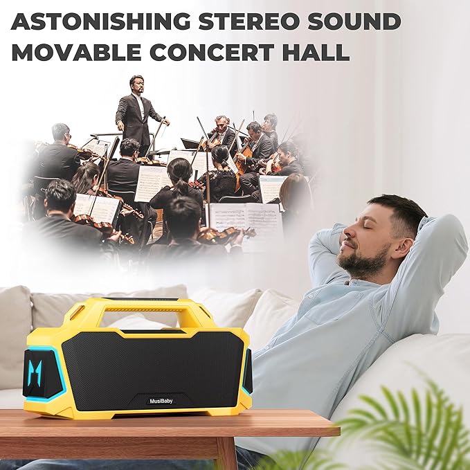 MusiBaby M1 Portable Bluetooth Speaker Yellow, Loud Stereo Sound Subwoofer Deep Bass, IPX6 Waterproof, 24H+ Playtime, Bluetooth 5.3, Dual Pairing Boombox for Outdoor Camping Hiking Party Shower