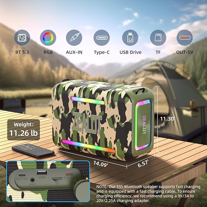 ZEALOT 120W Bluetooth Speaker, Loud Wireless Speakers IPX6 Waterproof Subwoofer Speaker with LED Light, 40H Playtime, Custom EQ, Portable Wireless Stereo Paired Speakers for Outdoor, Party-Camo