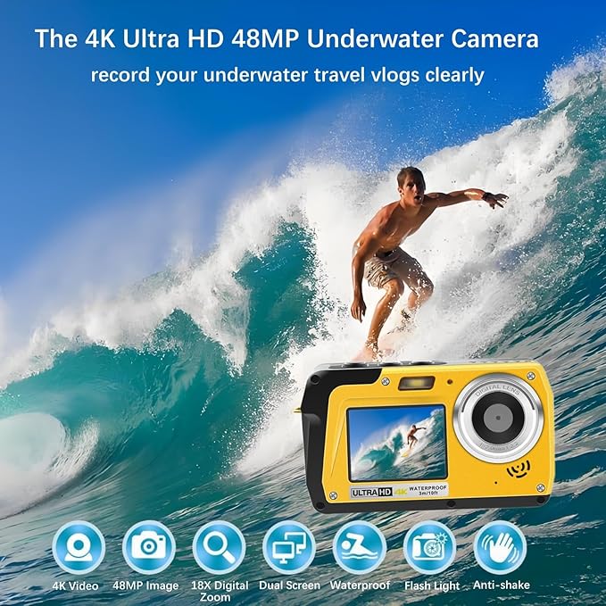 4K Underwater Camera, Full HD 4K&48MP Compact, 10FT Waterproof Camera for Snorkeling, Surfing, Rafting, Dual-Screen for Selfie/16X Digital Zoom/Fill Light/Support 128GB （Yellow）