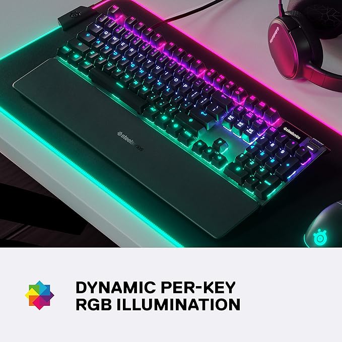 SteelSeries USB Apex 5 Hybrid Mechanical Gaming Keyboard – Per-Key RGB Illumination – Aircraft Grade Aluminum Alloy Frame – OLED Smart Display (Hybrid Blue Switch)