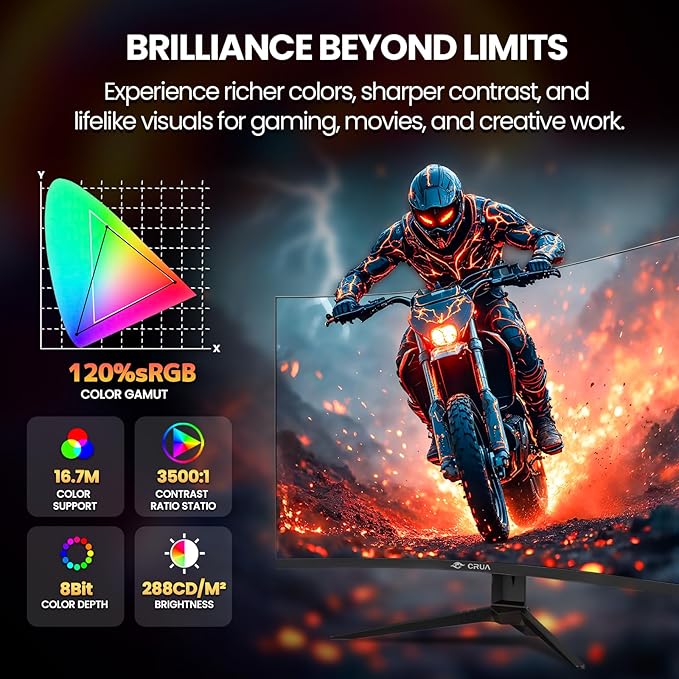 CRUA 32" Curved Gaming Monitor, 240Hz Full HD 1920×1080P VA Panel, 1800R Ultra-Wide Screen, 120% sRGB Color, AMD FreeSync, Low Blue Light, HDMI 2.0 & DP 1.4 Ports, Wall Mountable Installs-Black