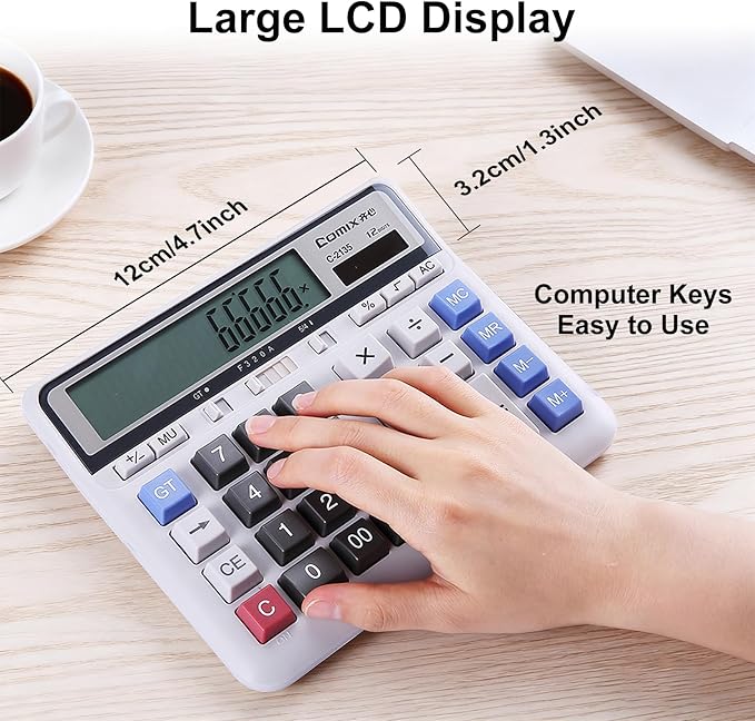 Comix Desktop Calculator Solar Battery Dual Power with 12-Digit Large LCD Display and Large Computer Keys Standard Function Calculator for Home Office School, White