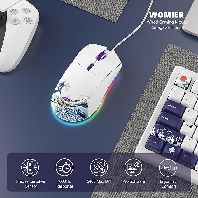 Womier Wired Gaming Mouse, White RGB Anime Mouse w/Ergonomic Computer 12000DPI/6 Programmable Buttons Programmable Buttons for Laptop PC Mac Windows-G705 V2 Kanagawa