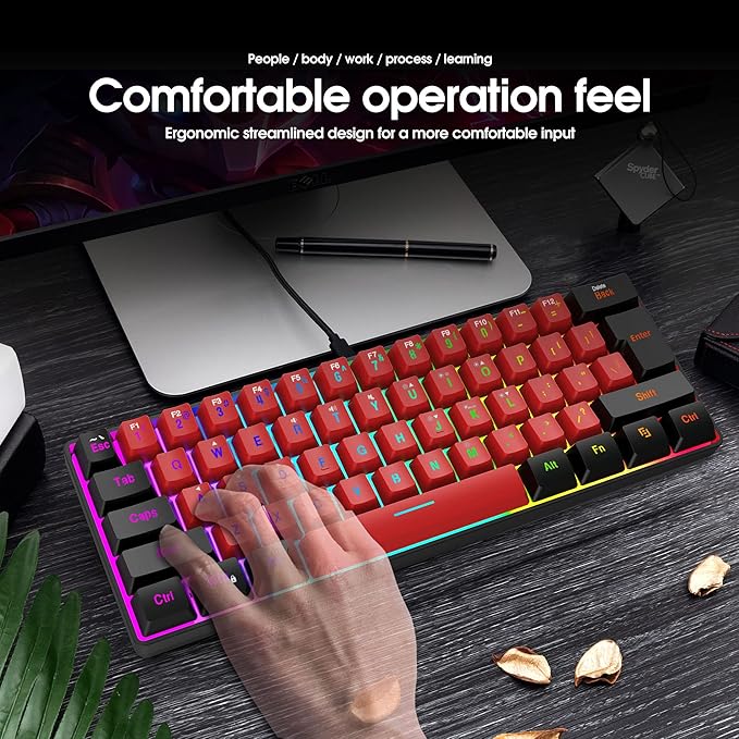 Snpurdiri 60% Wired Gaming Keyboard,True RGB Small Compact 61 Keys Mini Keyboard for PC/Mac Gamer, Typist, Travel, Easy to Carry on Business Trip(Black-Red)