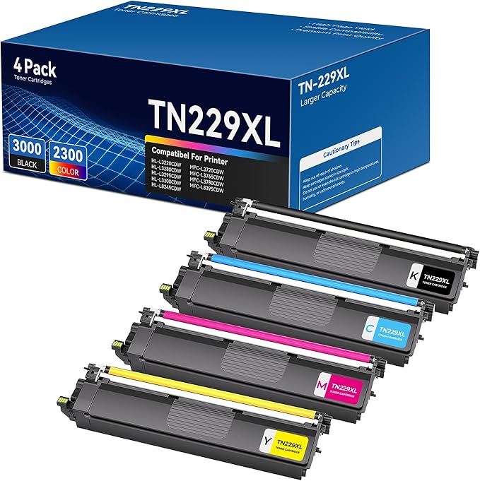 TN229XL Toner Cartridges for MFC-L3780CDW HL-L3280CDW Compatible for Brother TN229XL TN229 Toner for Brother MFC-L3720CDW MFC-L3765CDW HL-L3220CDW HL-L3300CDW HL-L3295CDW, 4 Pack (TN229XLBK/C/M/Y)