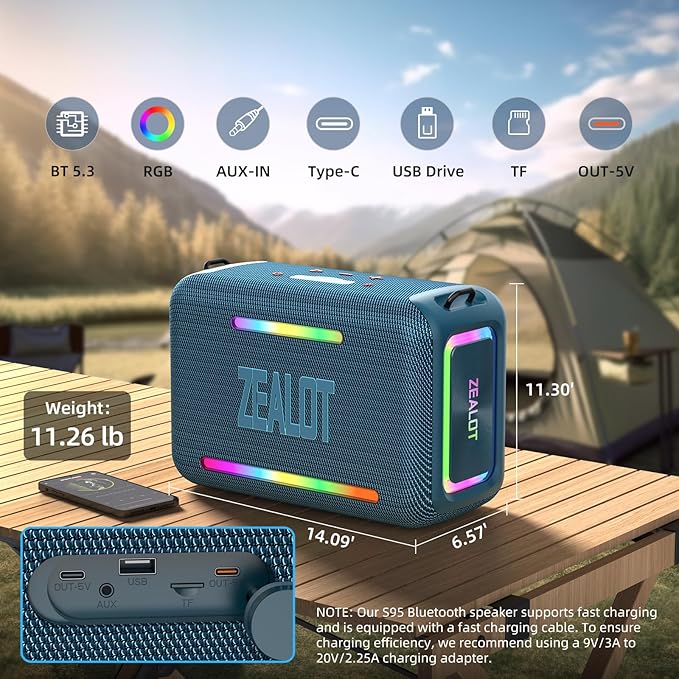 ZEALOT Bluetooth Speaker, 120W Loud Wireless Speakers IPX6 Waterproof Bluetooth Subwoofer Speaker with LED Light, Custom EQ, 40H Playtime, Portable Speakers for Outdoor, Party