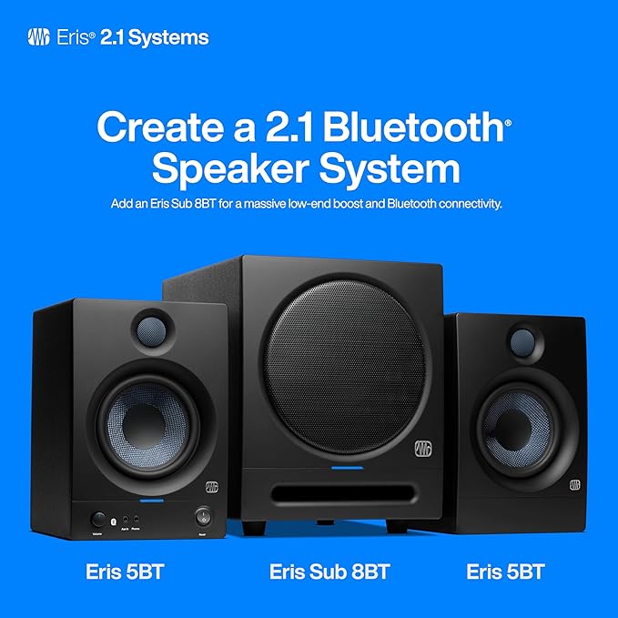 PreSonus Eris 5BT Bluetooth Studio Monitors, Pair — 5.25" Inch Powered Bookshelf Speakers, Stereo, Desktop Computer, Near Field Music Production, Audio Mixing Recording