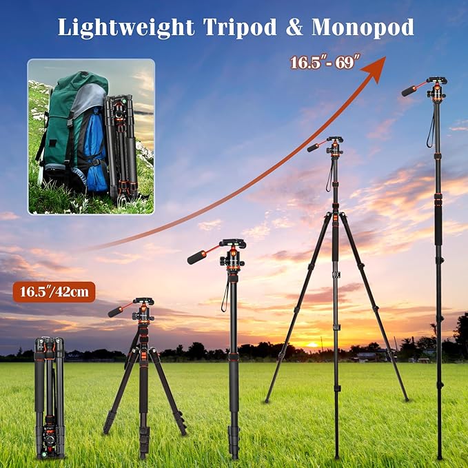2 in1 Tripod for Camera & Hunting Tripods, 68" Camera Tripods & Monopods with Removable Handle, Aluminum Rifle Tripod & Shooting Stand, Heavy Duty Tripods for DSLR,Canon,Nikon,Sony, Extra Carry Bag