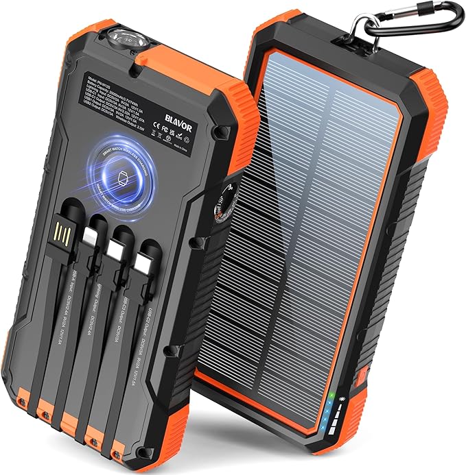 BLAVOR Solar Power Bank 74000mWh/20000mAh Built-in 4 Cables, 20W Fast Charging Portable Charger with USB C in/Output, Battery Pack for iPhone 16/15/14/13/12/11, iPad, Apple Watch, All Mobile Phones